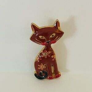 Vintage Enamel Cat Brooch Brown Goldtone